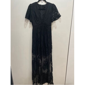 Symphony Black Crochet Lace Sheer Maxi Dress S Witchy Dark Femme fairy goth